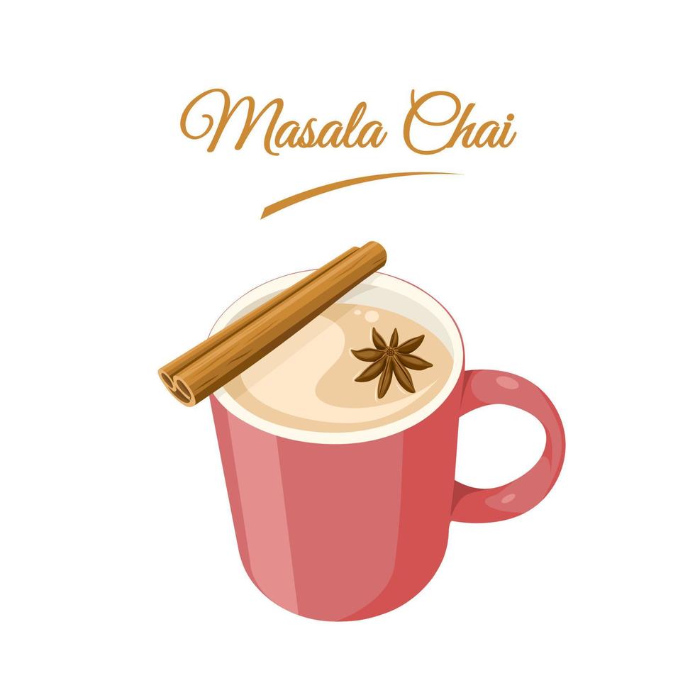 Vector illustration, Masala chai, Indian drink, Black tea with milk and spices. isolated on white background.