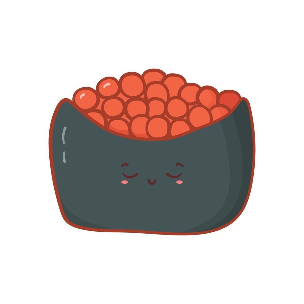 Cute sushi with with caviar in doodle style. Vector illustration asian food with funny kawaii face in cartoon style isolated on white background