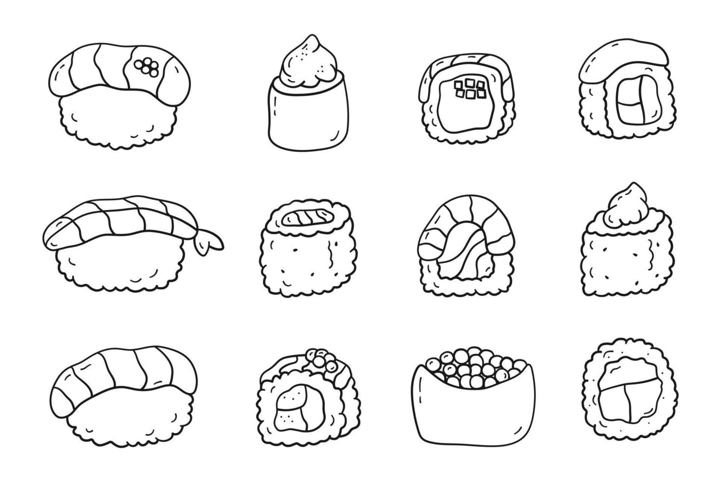 Doodle set of sushi and rolls. Vector illustration asian food in linear drawing style on white background