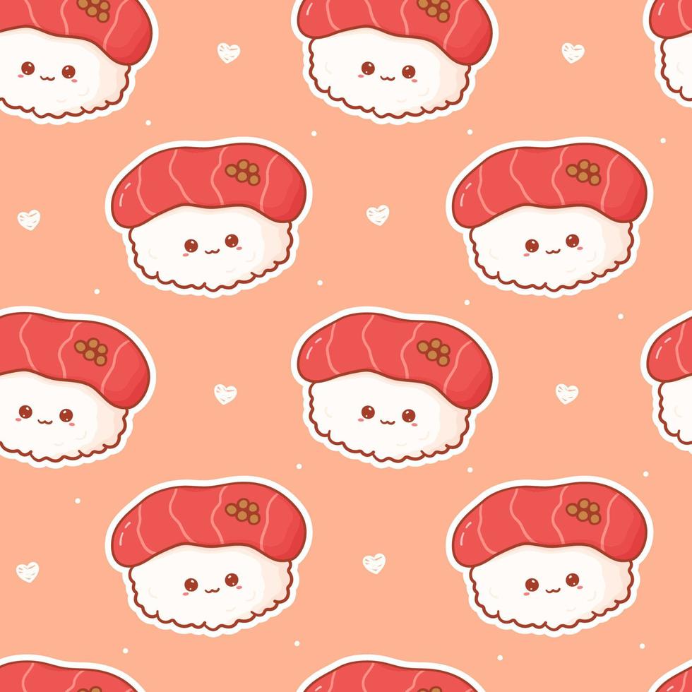 Kawaii seamless pattern with sushi with happy face. Cute print asian food in cartoon style for phone case, backgrounds, fashion, wrapping paper and textile. Vector Illustration