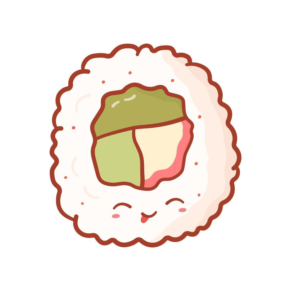 rollo de sushi kawaii sobre fondo blanco. ilustración vectorial de linda comida asiática en estilo de dibujos animados vector