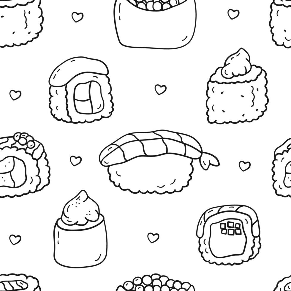 patrón sin costuras con garabatos sushi y rollos. fondo de vector de comida asiática en estilo de dibujos animados para estuche de teléfono, moda, papel de regalo y textil