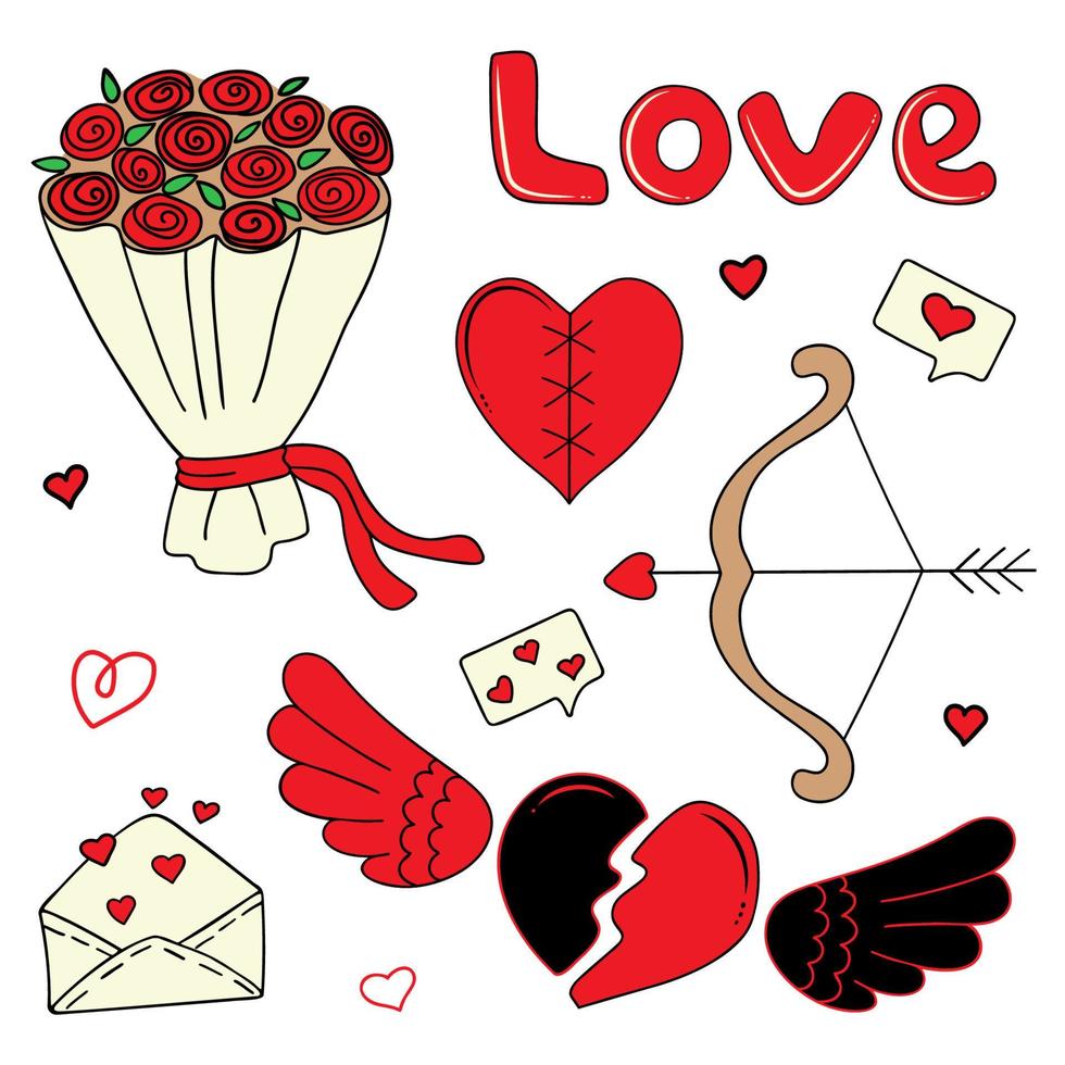 un conjunto de elementos: un ramo de rosas, un corazón roto, la inscripción amor, alas, arco de cupido, sms de amor. un conjunto de elementos para las vacaciones de todos los amantes, día de san valentín, cumpleaños. vector