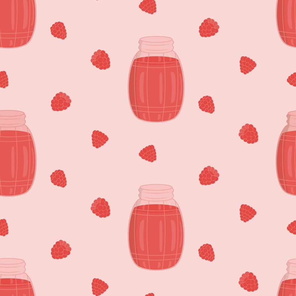 Seamless pattern with raspberries and jam jar. Vector pattern in flat.