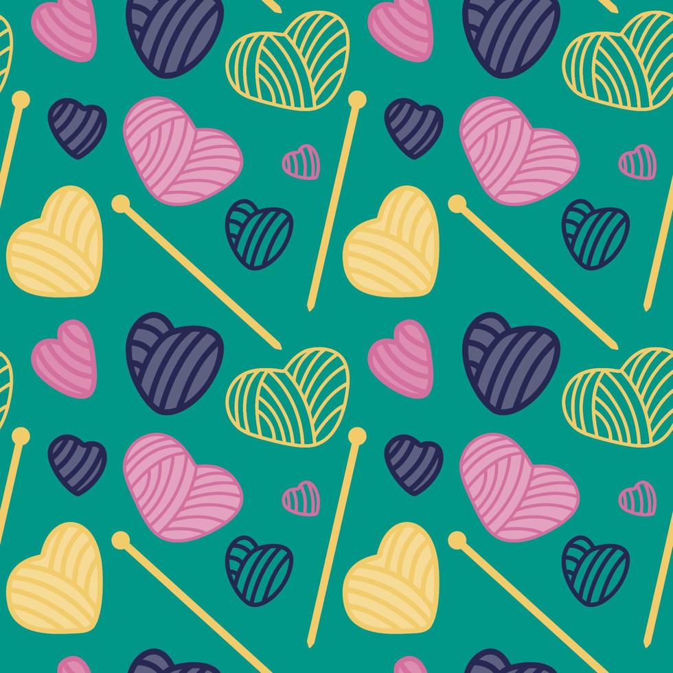 Seamless pattern with heart-shaped balls and knitting needles. Knitting, hobby. Vector pattern in flat.