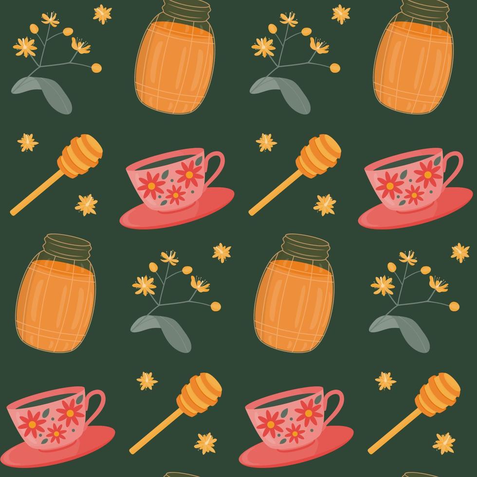 Seamless pattern with a cup, a jar of honey, a sprig of lime. Vector pattern in a flat view.