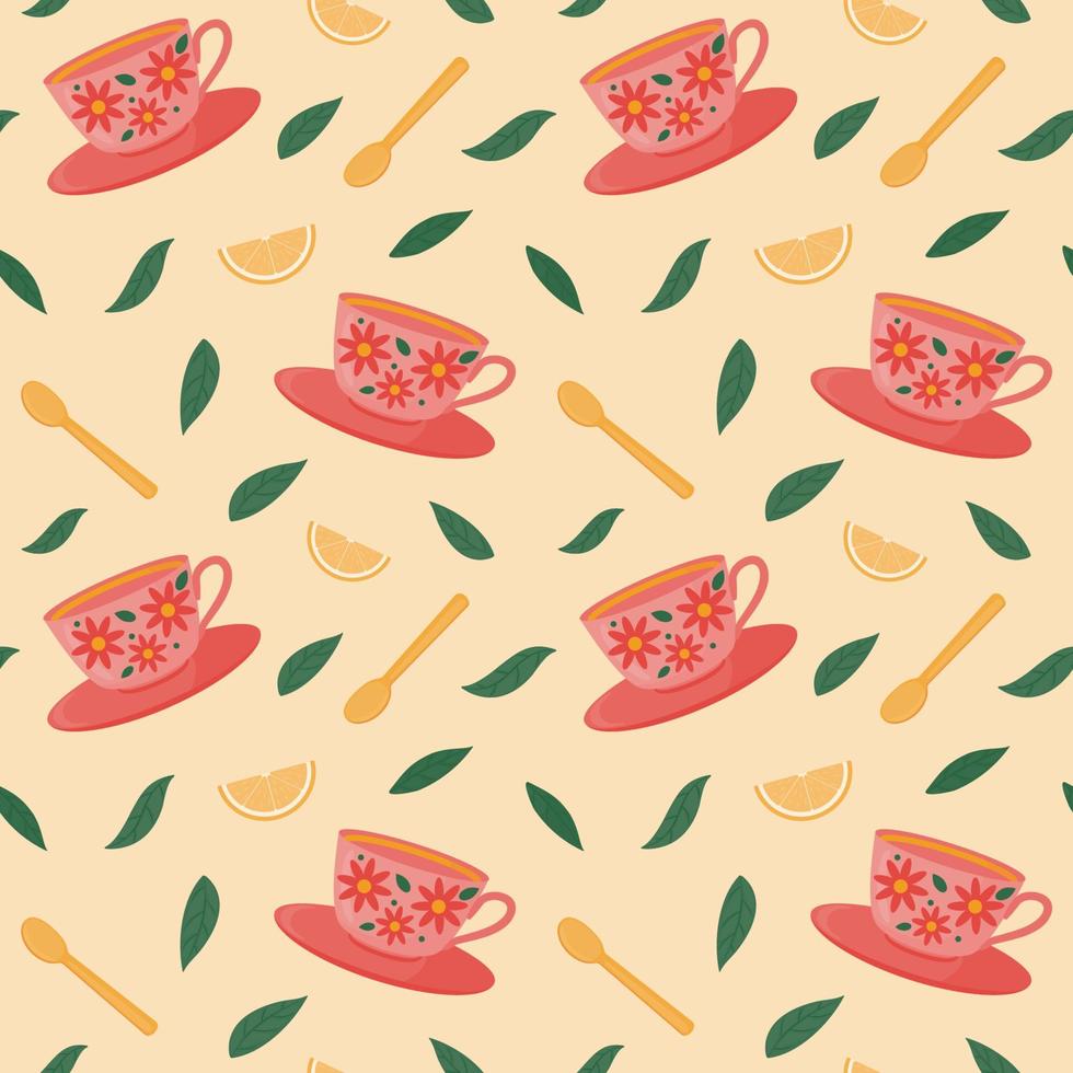 Seamless pattern with cup, spoon and tea leaves. Vector pattern in a flat view.