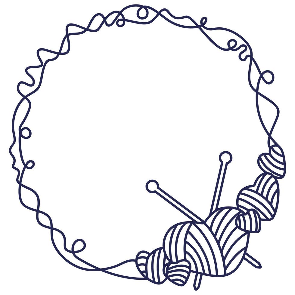 Vector frame made of yarn in the form of hearts with knitting needles. Knitting threads, knitting needles. Frame in a flat style.