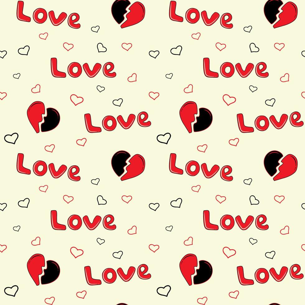Seamless pattern with a broken heart, a love inscription and small hearts. Seamless vector pattern in doodle style.