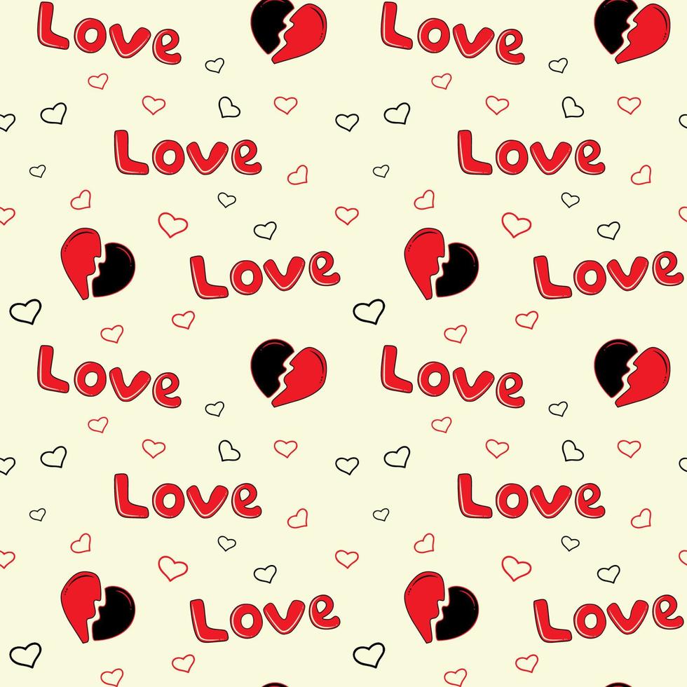 Seamless pattern with a broken heart, a love inscription and small hearts. Seamless vector pattern in doodle style.