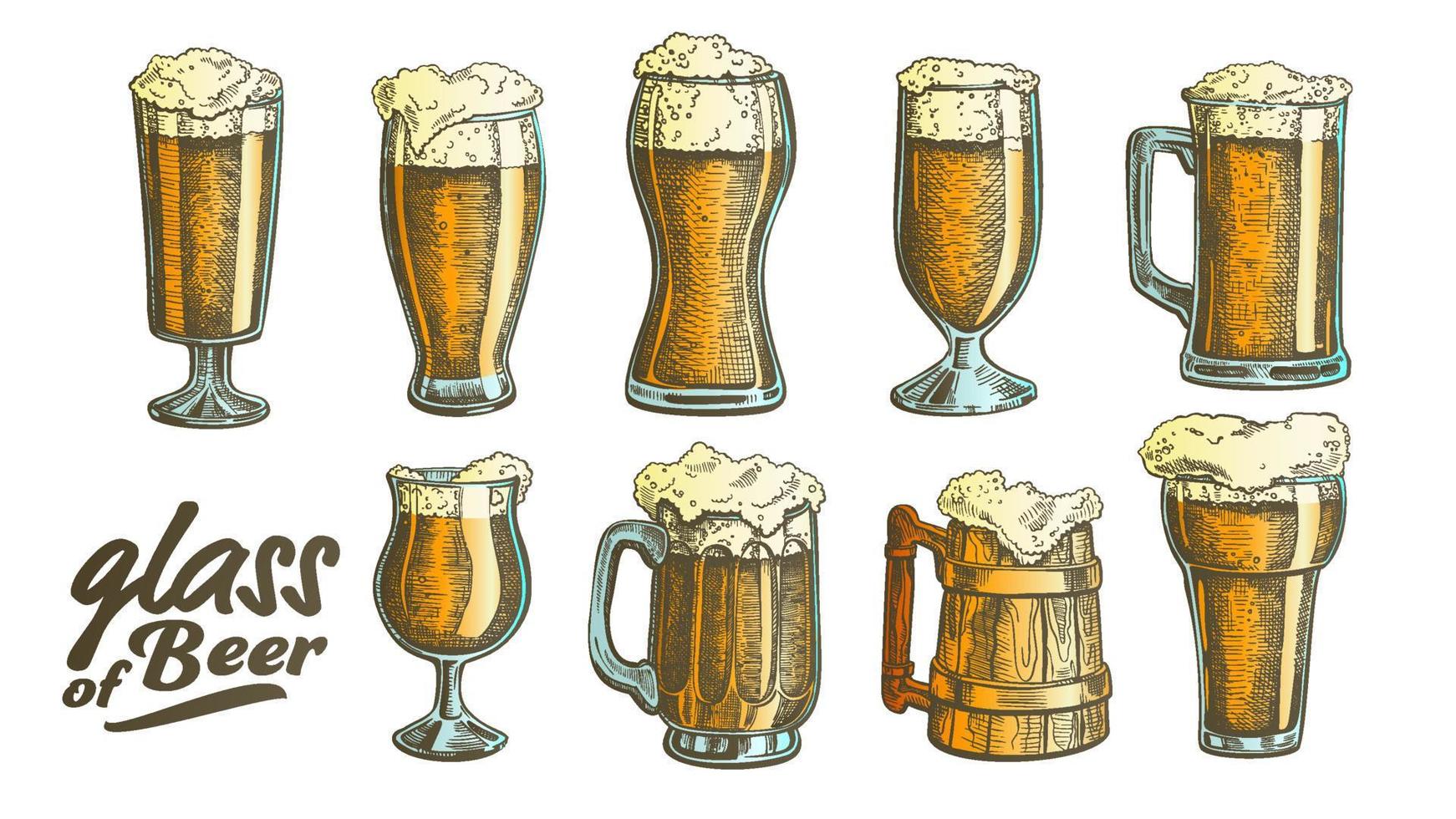 Hand Drawn Glass Color Foam Bubble Beer Set Vector