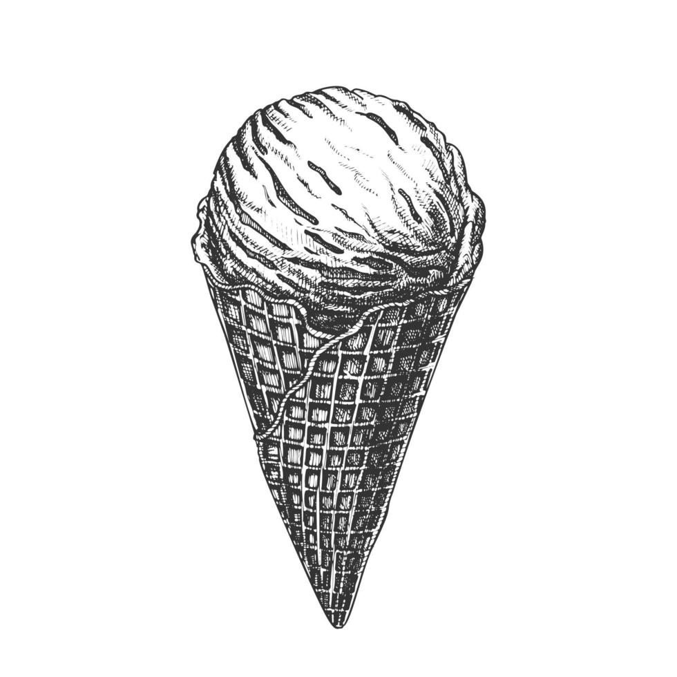 Ice Cream Scoop In Waffle Cone Hand Drawn Vector