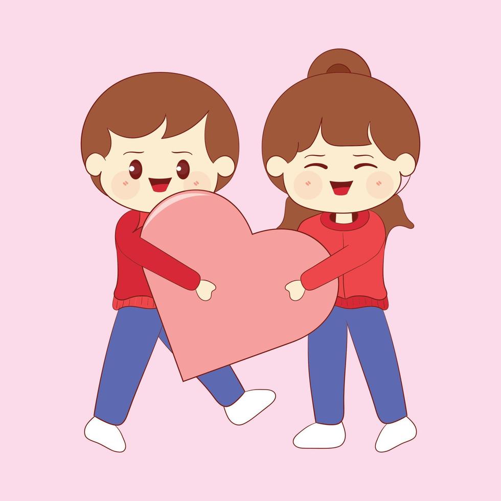 ilustración de un lindo personaje de dibujos animados pareja de amantes sosteniendo un corazón rojo juntos en el día de san valentín vector