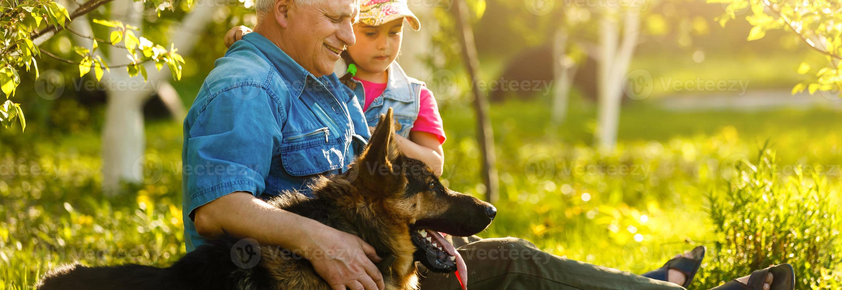 Grandfather with granddaughter dog and a dog in the garden photo