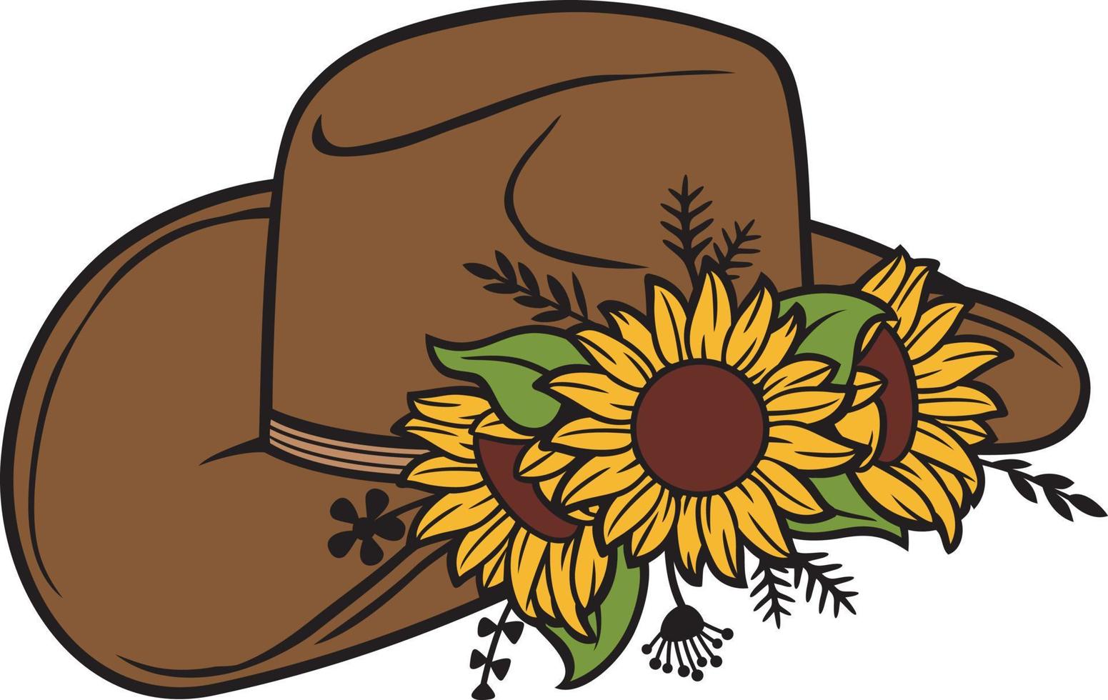 Floral Cowboy Hat with Sunflowers and Plants. Vector Illustration.