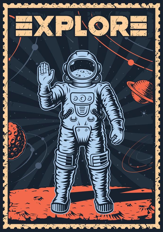 afiche de espacio de color en estilo vintage con ilustración de un astronauta en la luna. vector