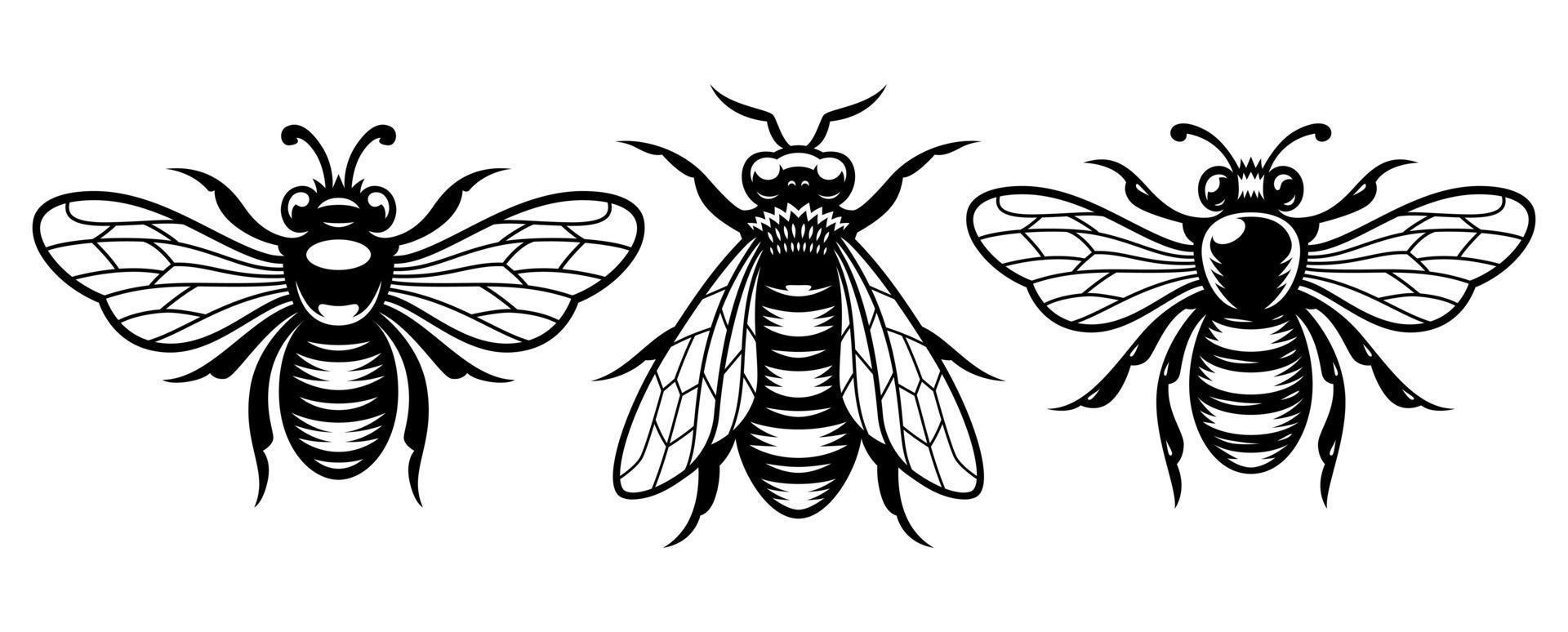 Set of black and white vector illustrations of bee