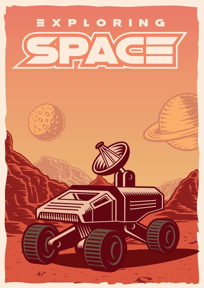 Vintage poster with illustration of a space rover on the planet Mars. vector