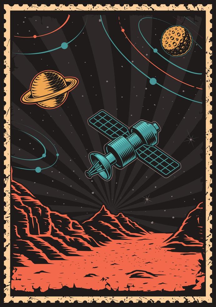 Vintage space poster with satellite on Mars planet. vector