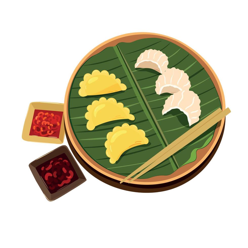 Vector illustartion of delicious Chinese dumplings with fillings and sauces. Traditional asian cuisine food