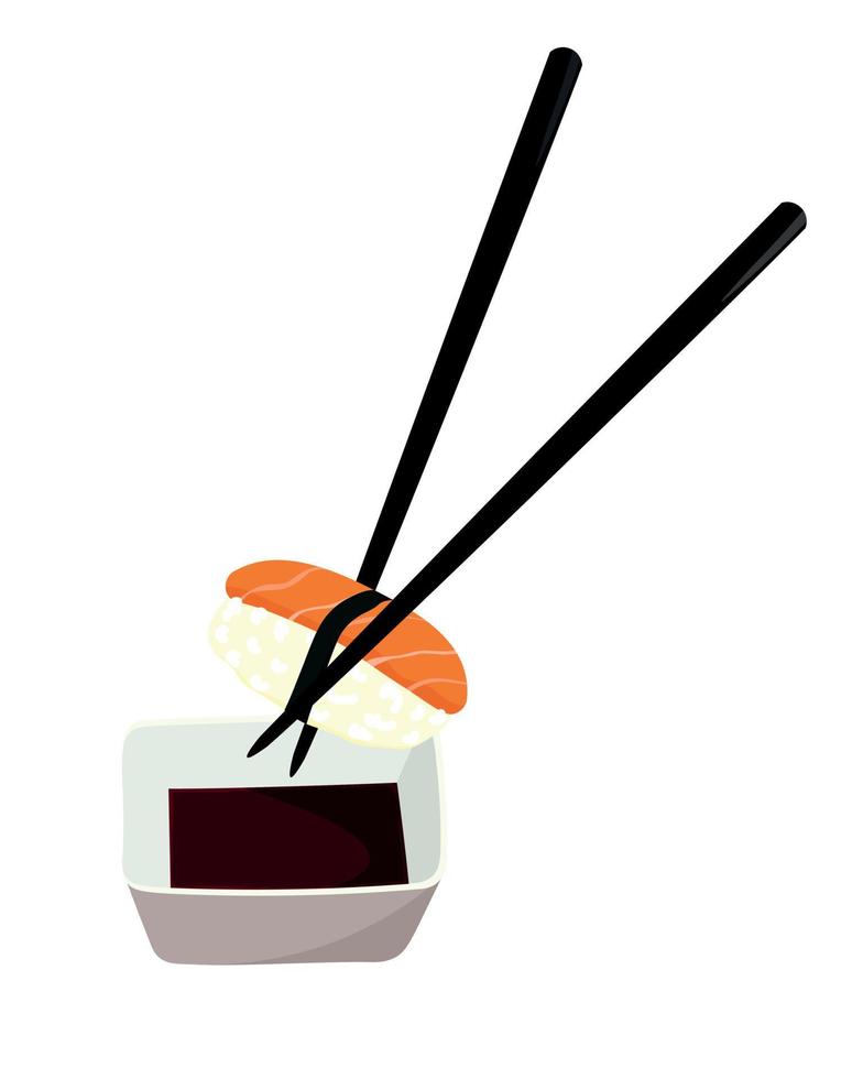 Illustration of sushi on sushi sticks and soy sauce in a bowl. Sushi with soy sauce bowl. Traditional japanese food illustration vector