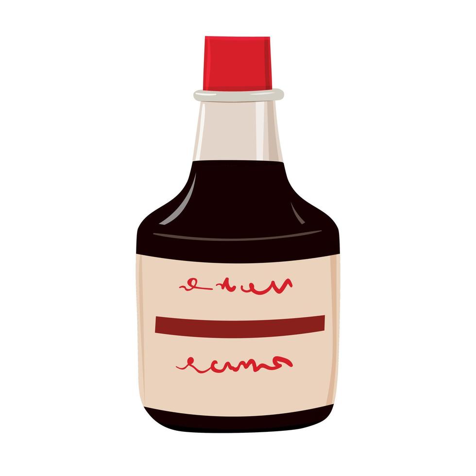 Vector illustration of soy sauce in glass bottle. Traditional japanese food ingredient