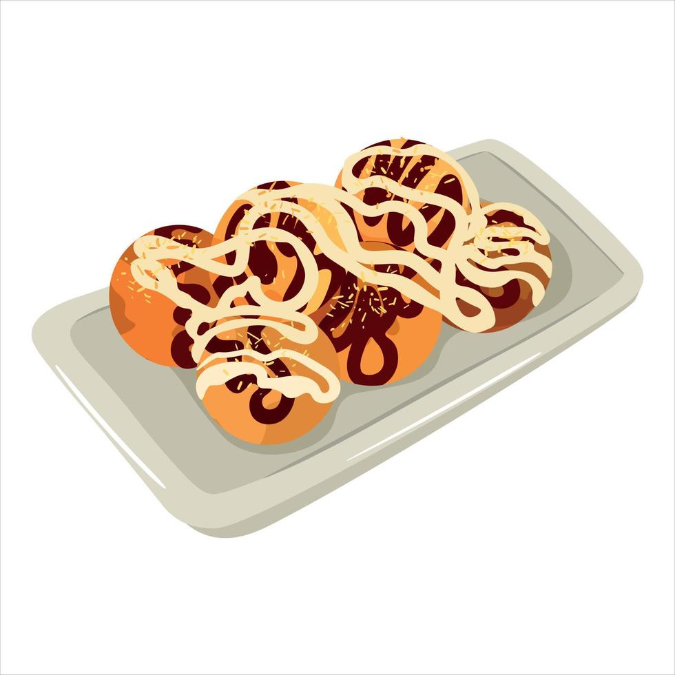 ilustración vectorial del delicioso takoyaki japonés. bolas de pulpo japonesas. ilustración de comida de la cocina asiática vector