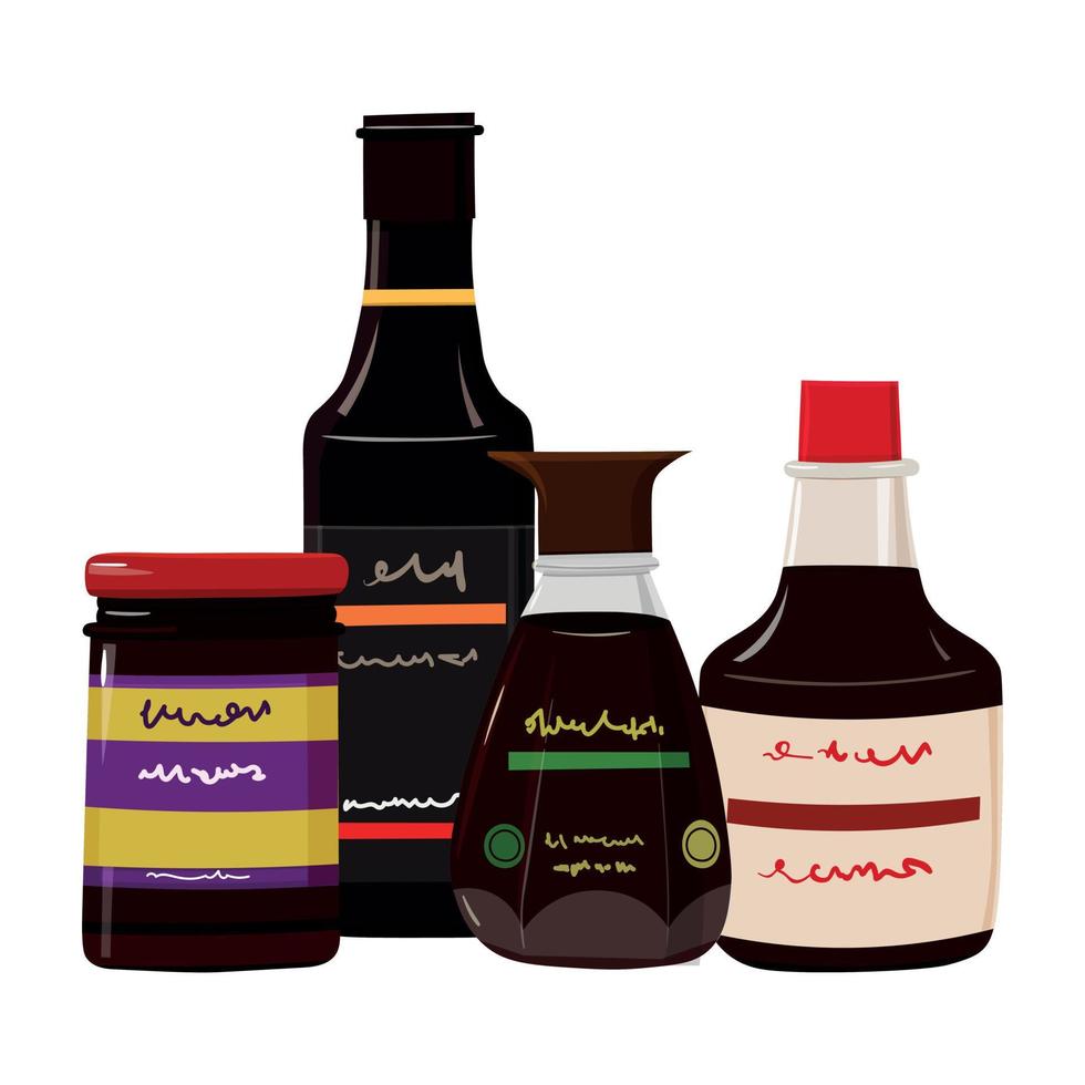 Vector illustration of collection of different asian sauces in glass bottles. Traditional asian cuisine ingredient