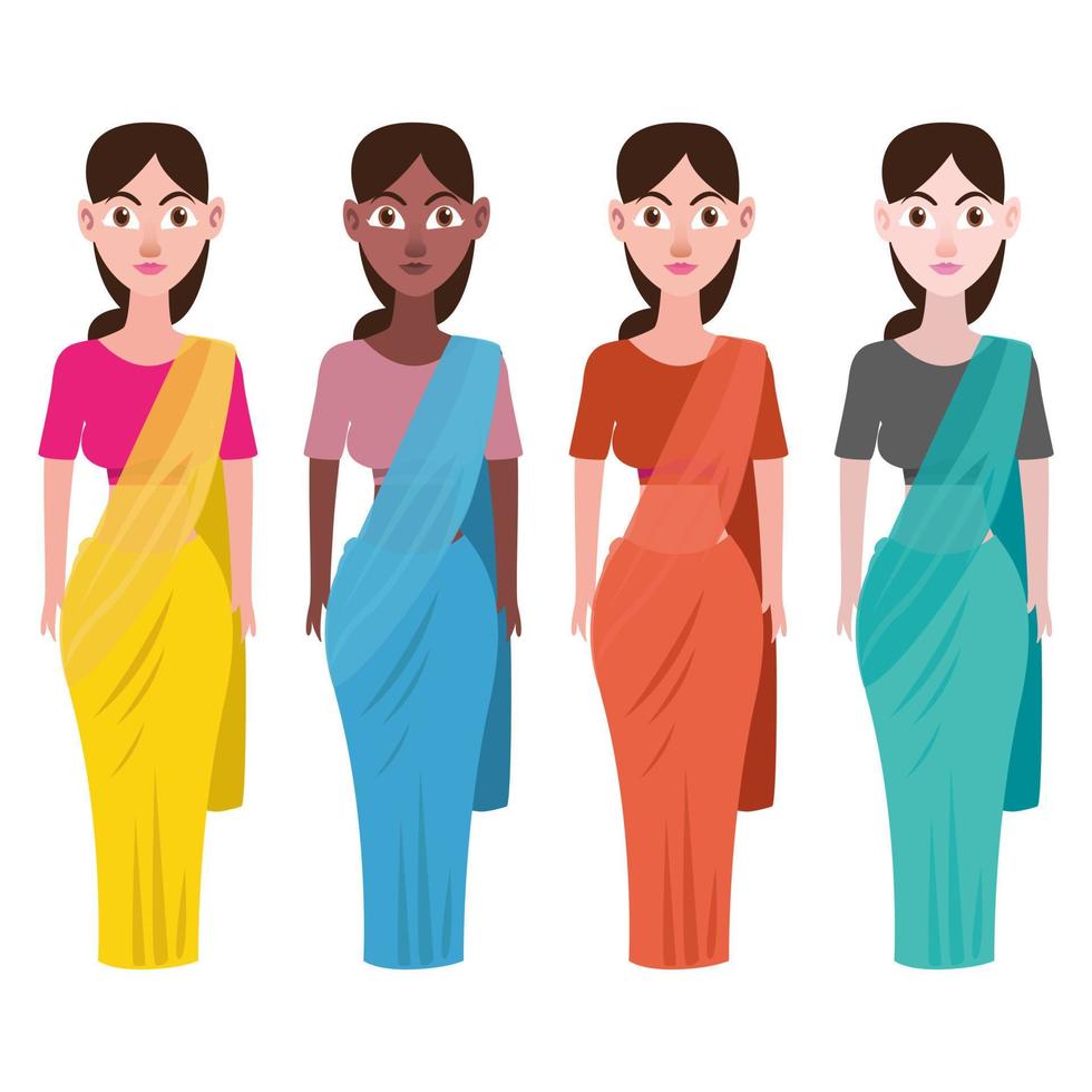 mujeres indias sari ropa étnica personaje de dibujos animados icono ilustración signo símbolo diseño vector