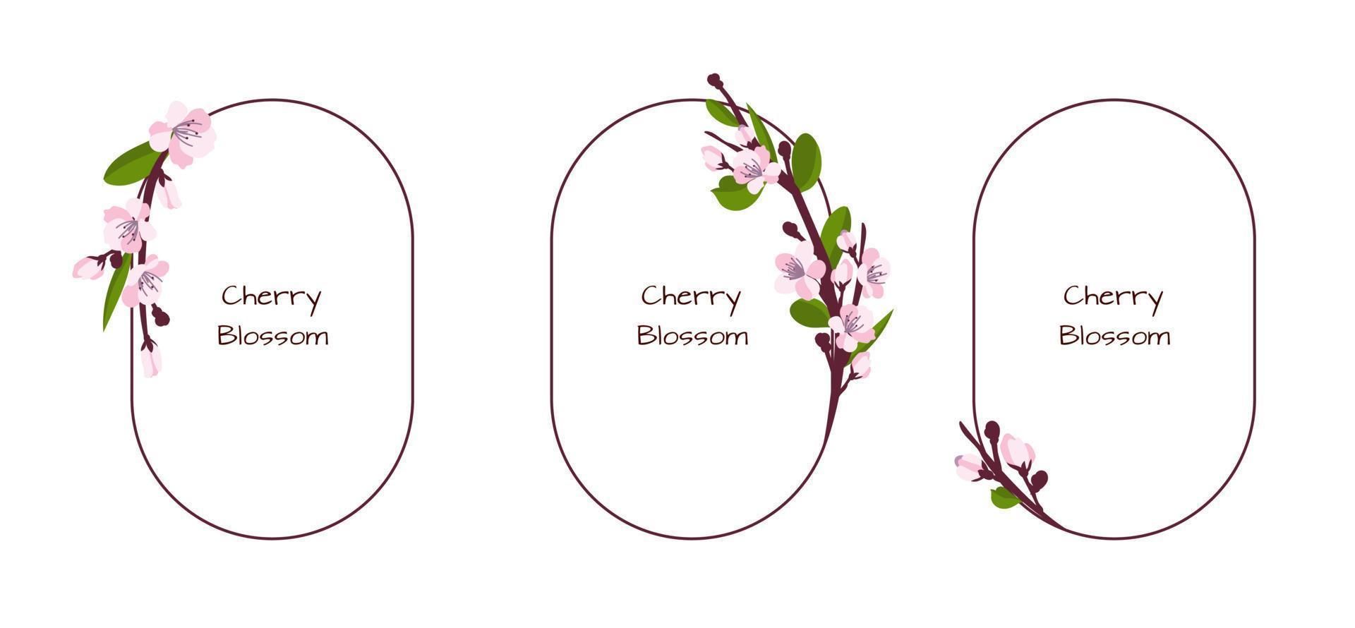 Three oval frames with decorative cherry blossoms or cherry blossoms. Japanese culture. Vector illustration