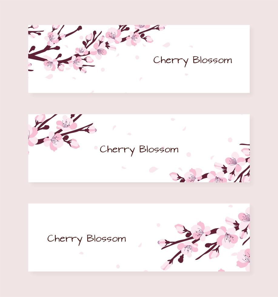 Three banners with fresh pink decorative cherry blossoms or cherry blossoms. Japanese culture. Vector illustration