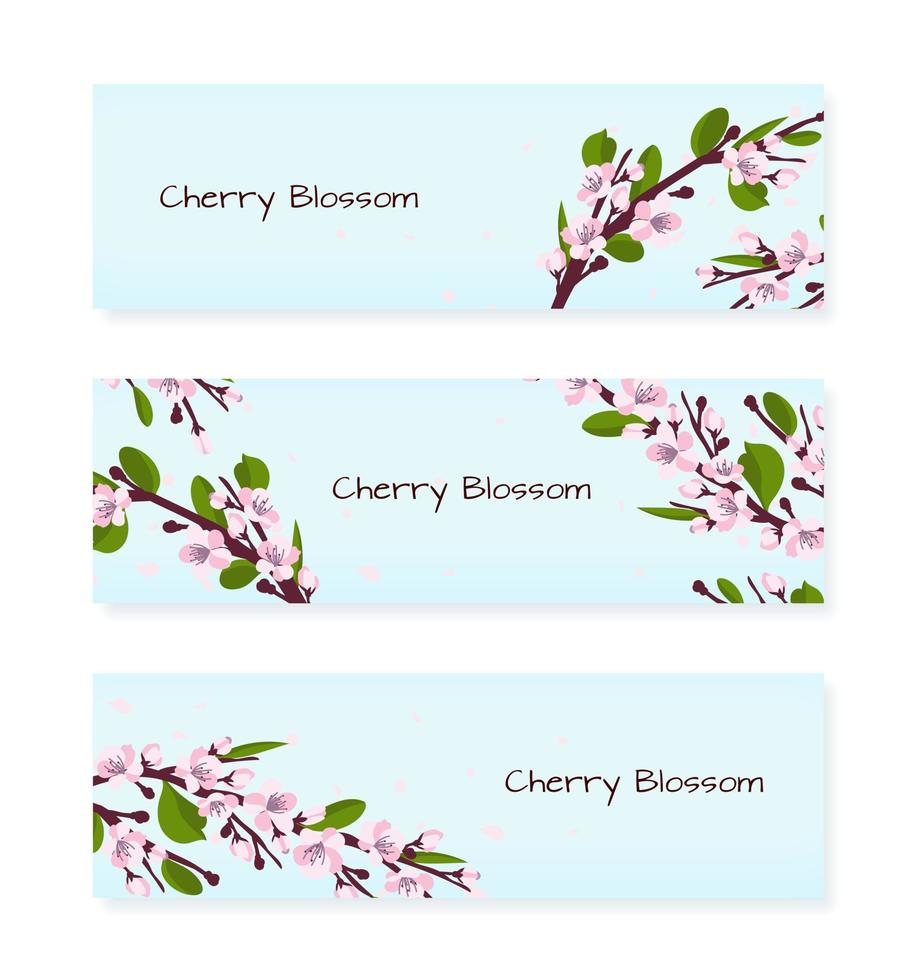 Three banners with fresh pink decorative cherry blossoms or cherry blossoms. Japanese culture. Vector illustration