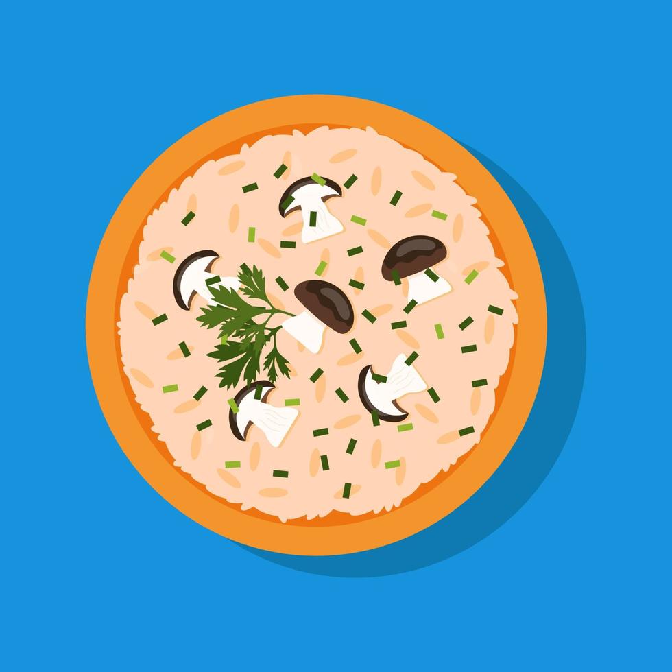 Risotto with rice, mushrooms  and greens. Traditional dish isolated on blue background. vector