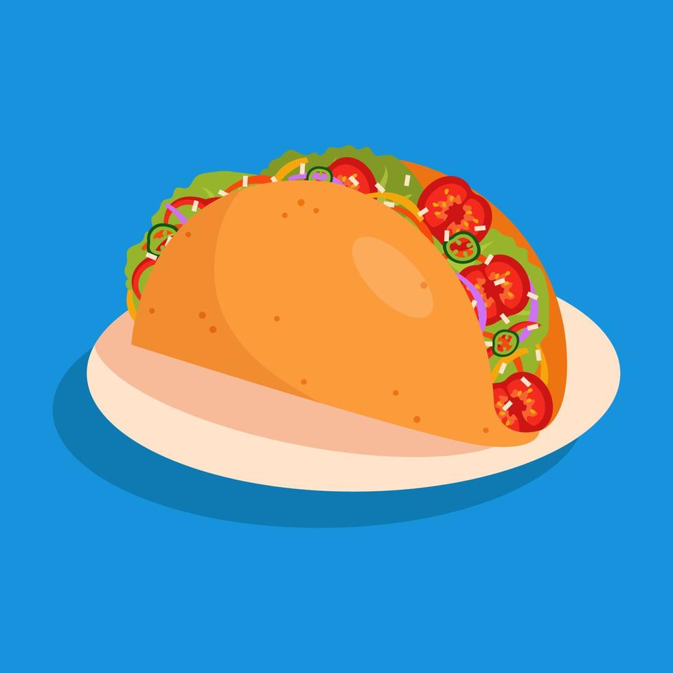 Taco with meat, tomatoes and onions. Traditional Mexican food on blue background. vector