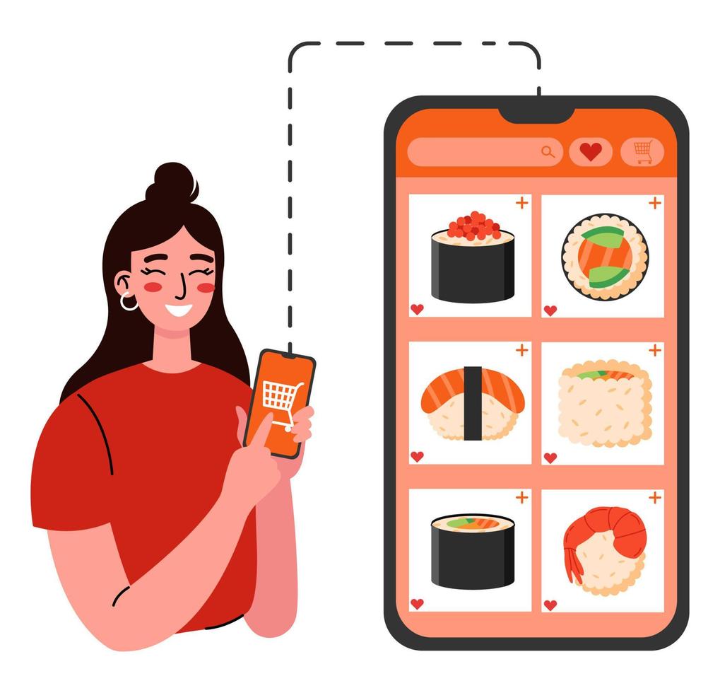 Online asian food order. Young woman using app and choosing sushi. Flat vector illustration on a white background.