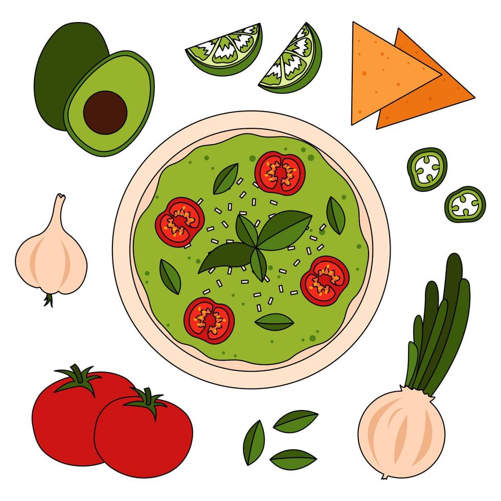 Guacamole recipe with ingredients -  tomatoes, avocado, onion, garlic, lime and nachos. vector
