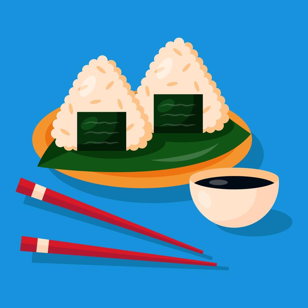 onigiri con salsa de soja y palillos aislados en fondo azul. vector