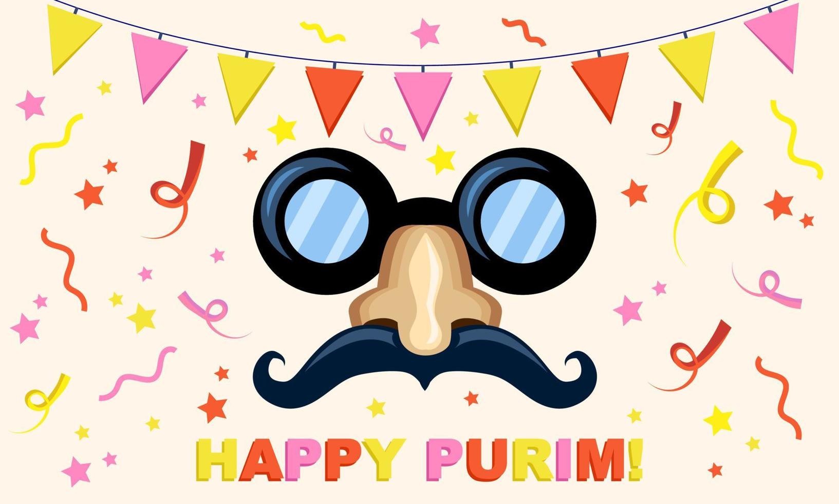 Happy Purim Day card, Jewish holiday of March invitation, vector art with funny mask with glasses and mustache. Greeting card with confetti and flags on the background.