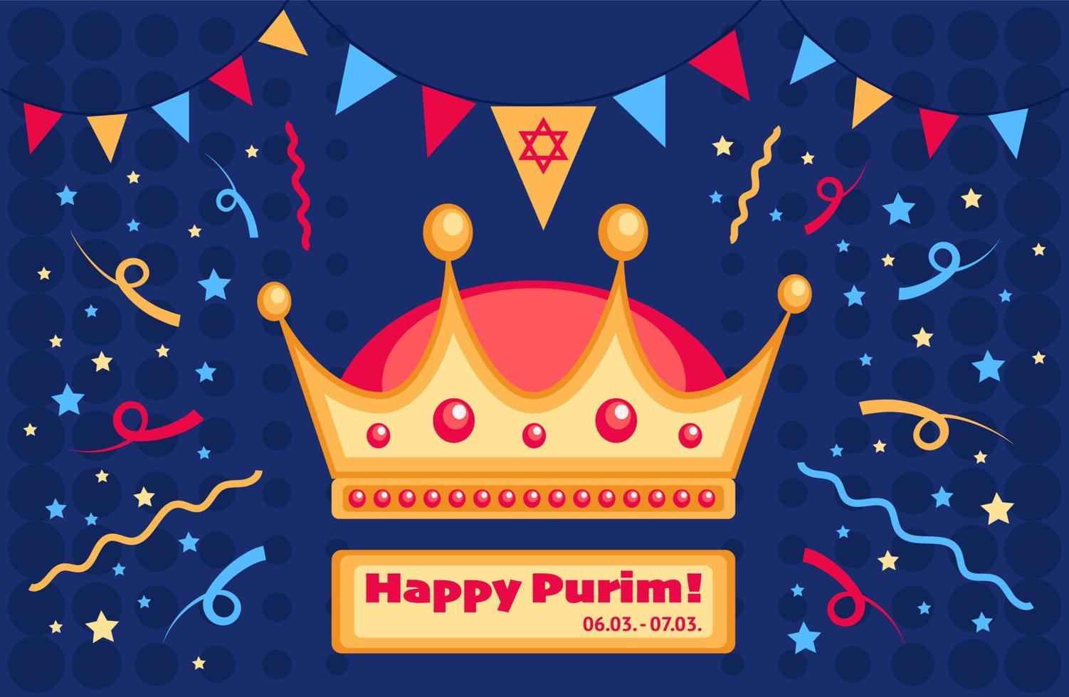 Holiday of Purim day greeting card, banner, vector invitation with Purim Day symbol, golden crown with confetti, flags and Star of David.