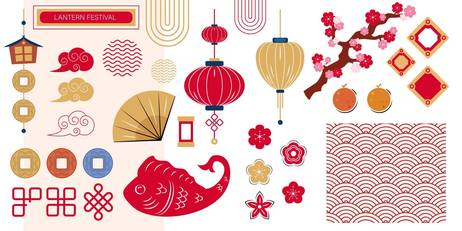 Group of asian decorative elements for holidays, Chinese New Year, Lantern festival, objects, lanterns, coins, flowers, decorative shapes and lines. vector