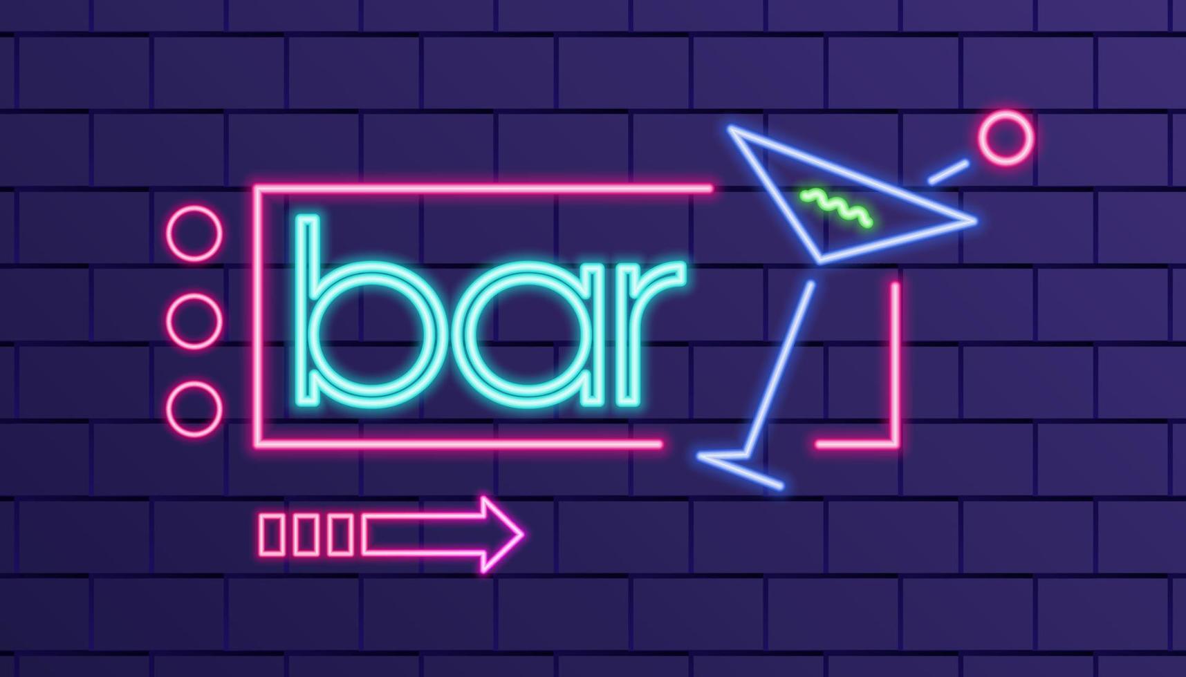 Bar neon sign with neon arrow on a brick wall, neon art, glowing electric light symbol, vector elements.