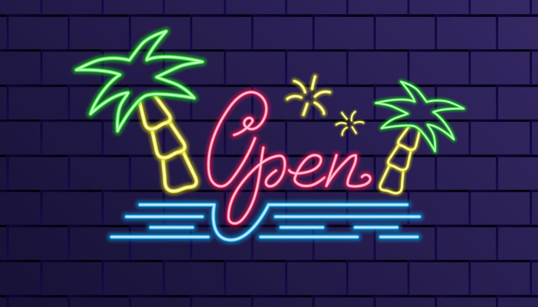 Open neon sign with neon beach and palm trees on a brick wall, neon art, glowing electric light symbol, vector elements.