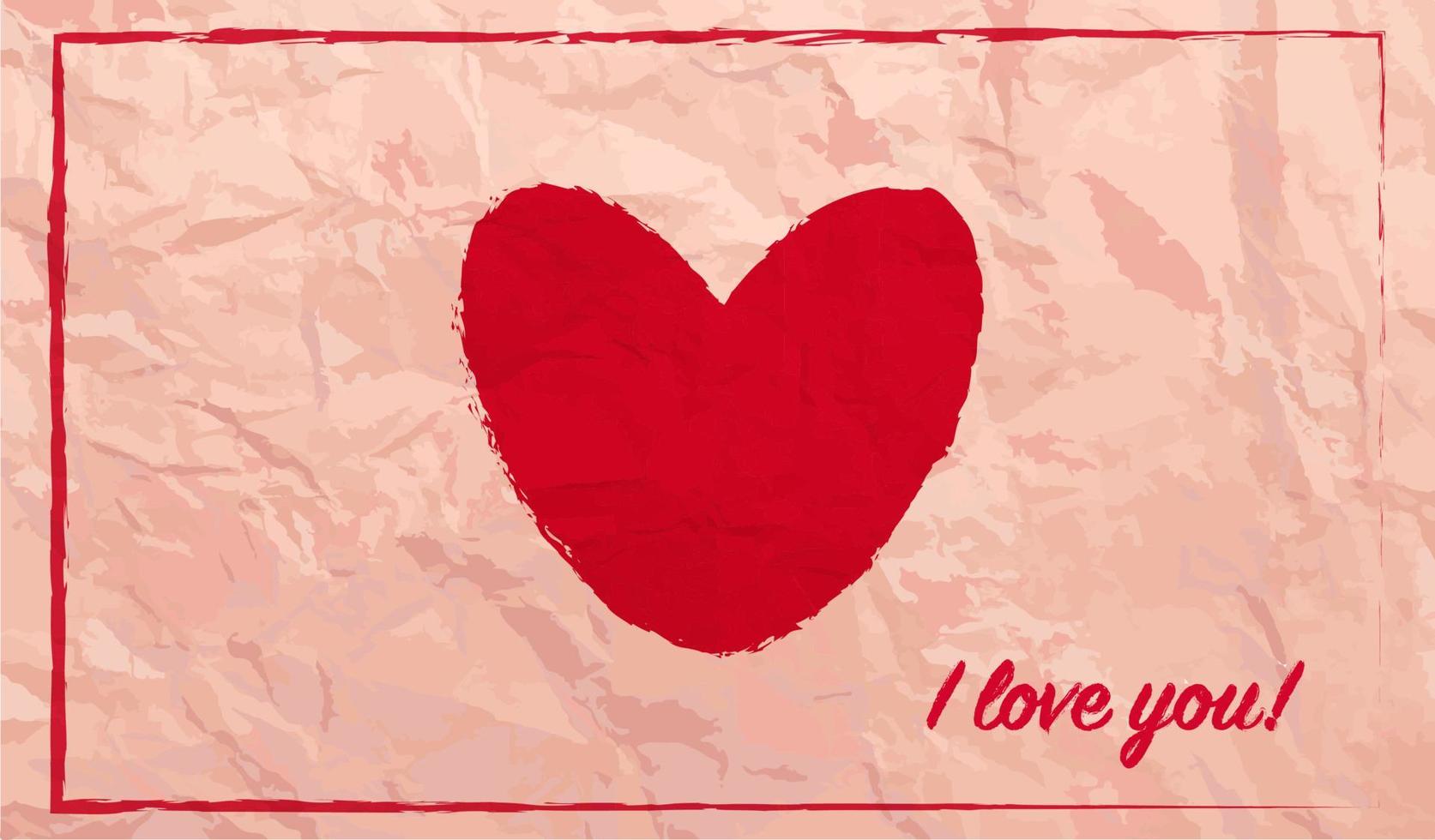 tarjeta de san valentín con corazón rojo y te amo frase, tarjeta de felicitación romántica en textura de papel vectorial, invitación de vacaciones, corazón rojo tinta, postal apasionada. vector