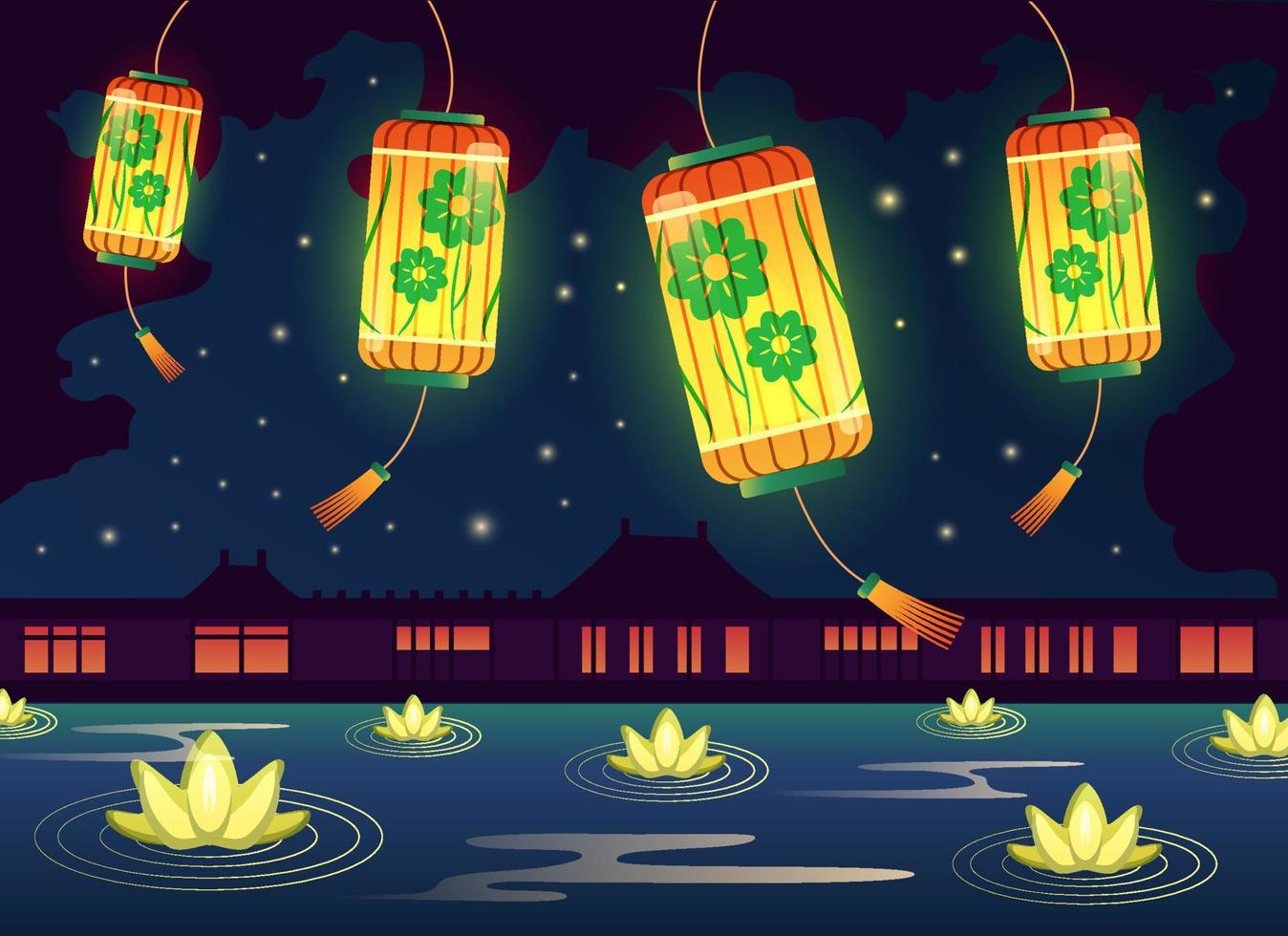 Bright Chinese lanterns glowing above water with lotus flowers at night. Chinese Lantern Festival vector scene illustration, greeting decorative card or invitation.