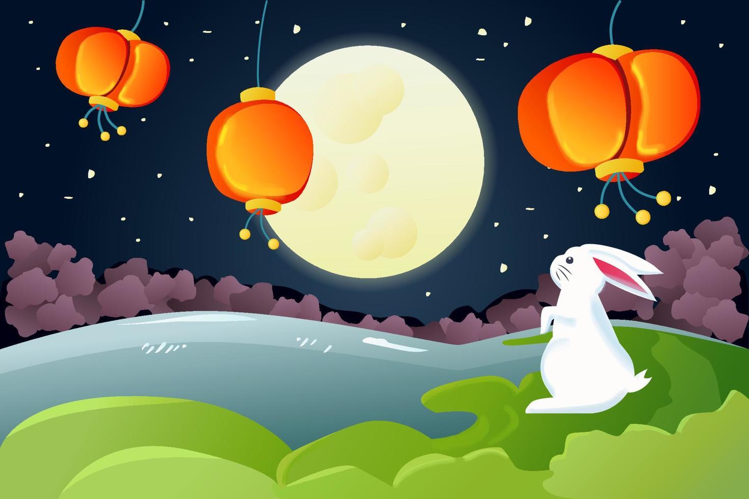 Cute rabbit with chinese lanterns in the showy landscape, vector illustration for Chinese Lantern Festival, New Year.