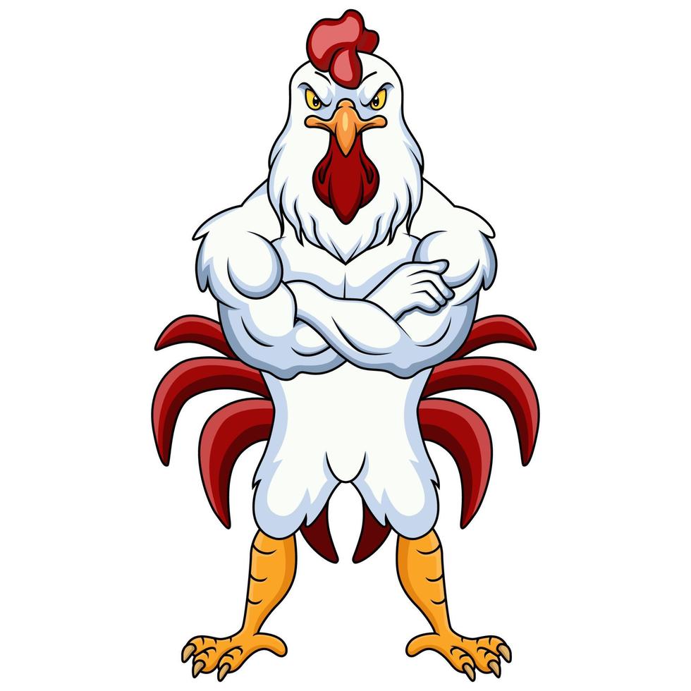 personaje de mascota de dibujos animados de gallo fuerte vector