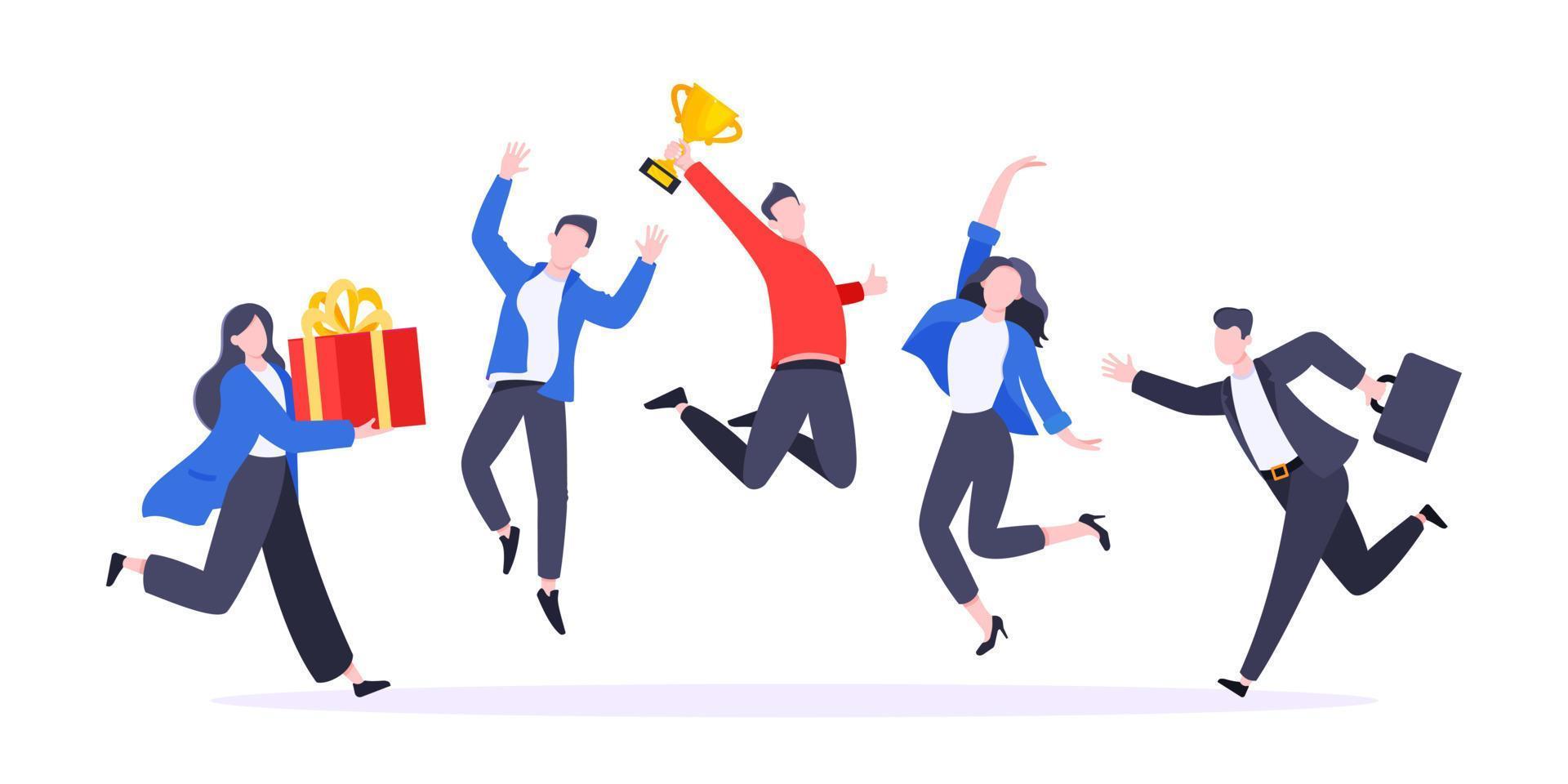 Happy business team employee team winners award ceremony flat style design vector illustration.