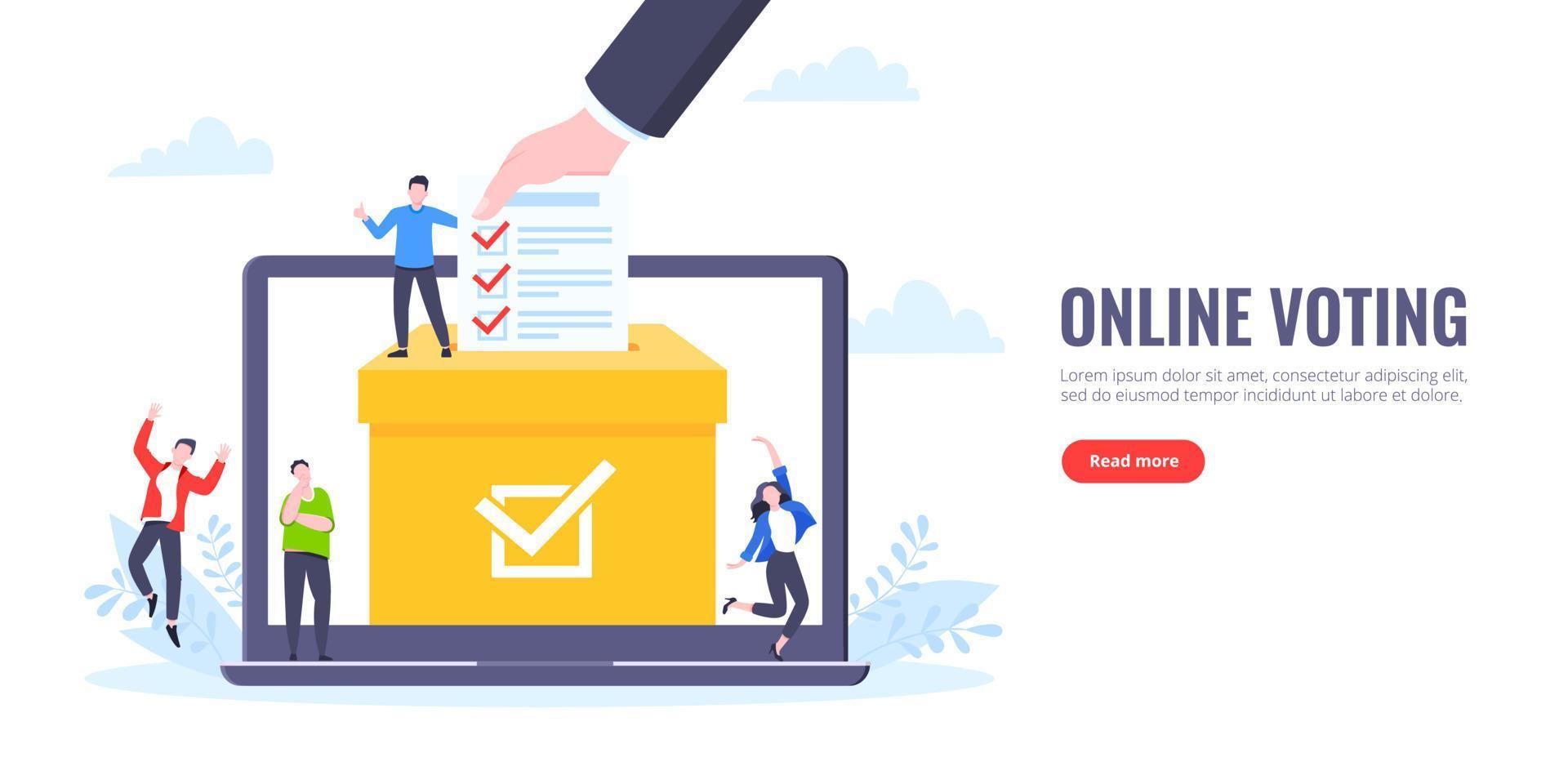 Online voting concept flat style design vector illustration. Tiny people with voting poll online survey working together.