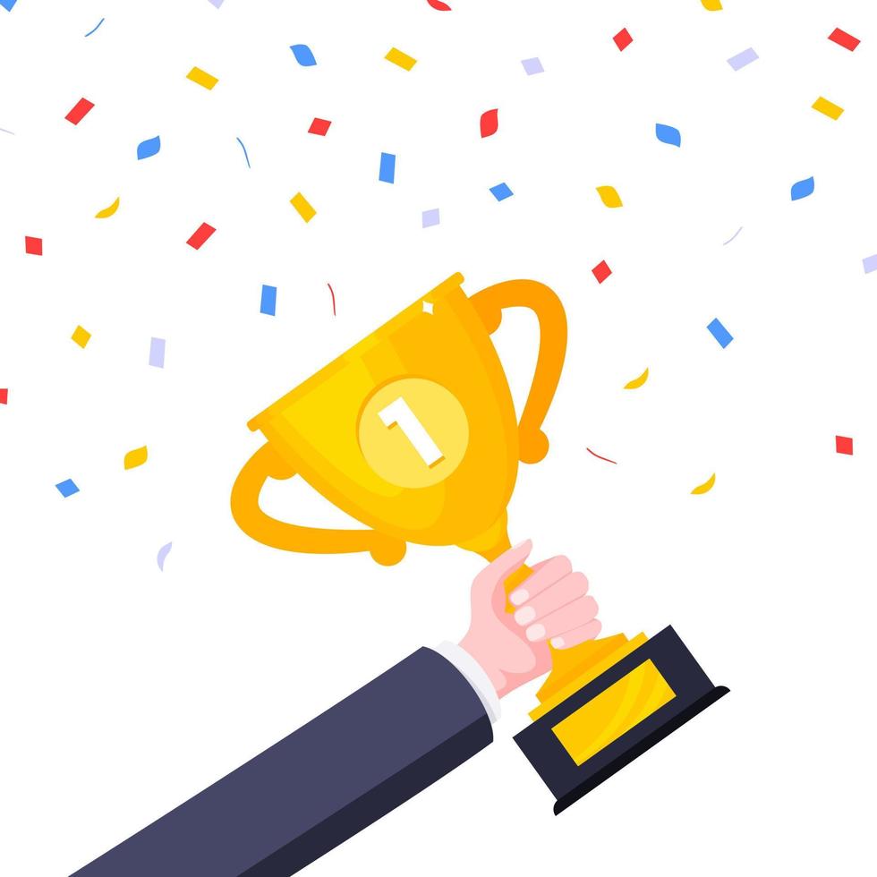 Hand holds winner golden award trophy goblet cup icon sign flat style design vector illustration