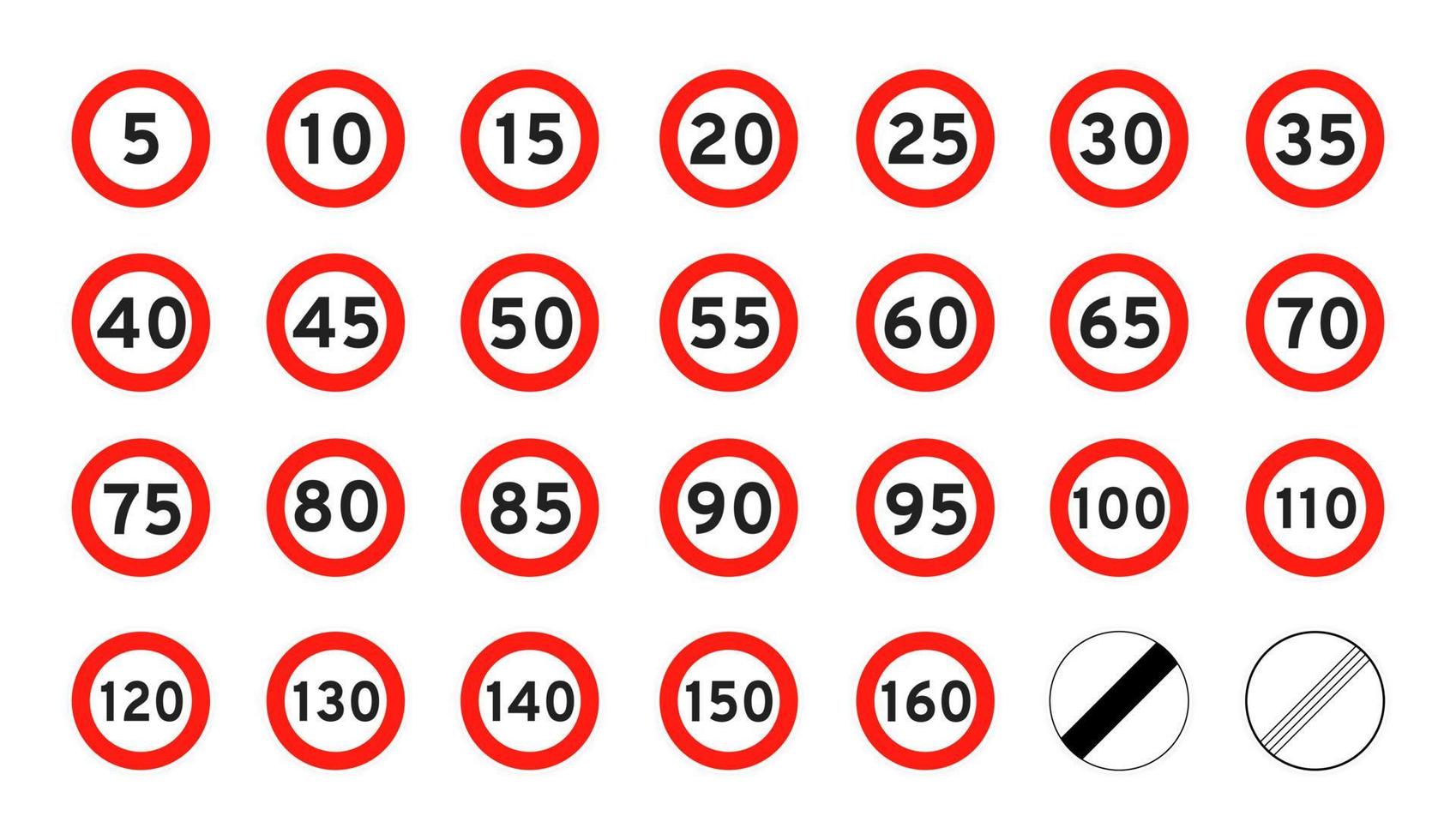 Speed limit 5-160 round road traffic icon sign flat style design vector illustration set isolated on white background.